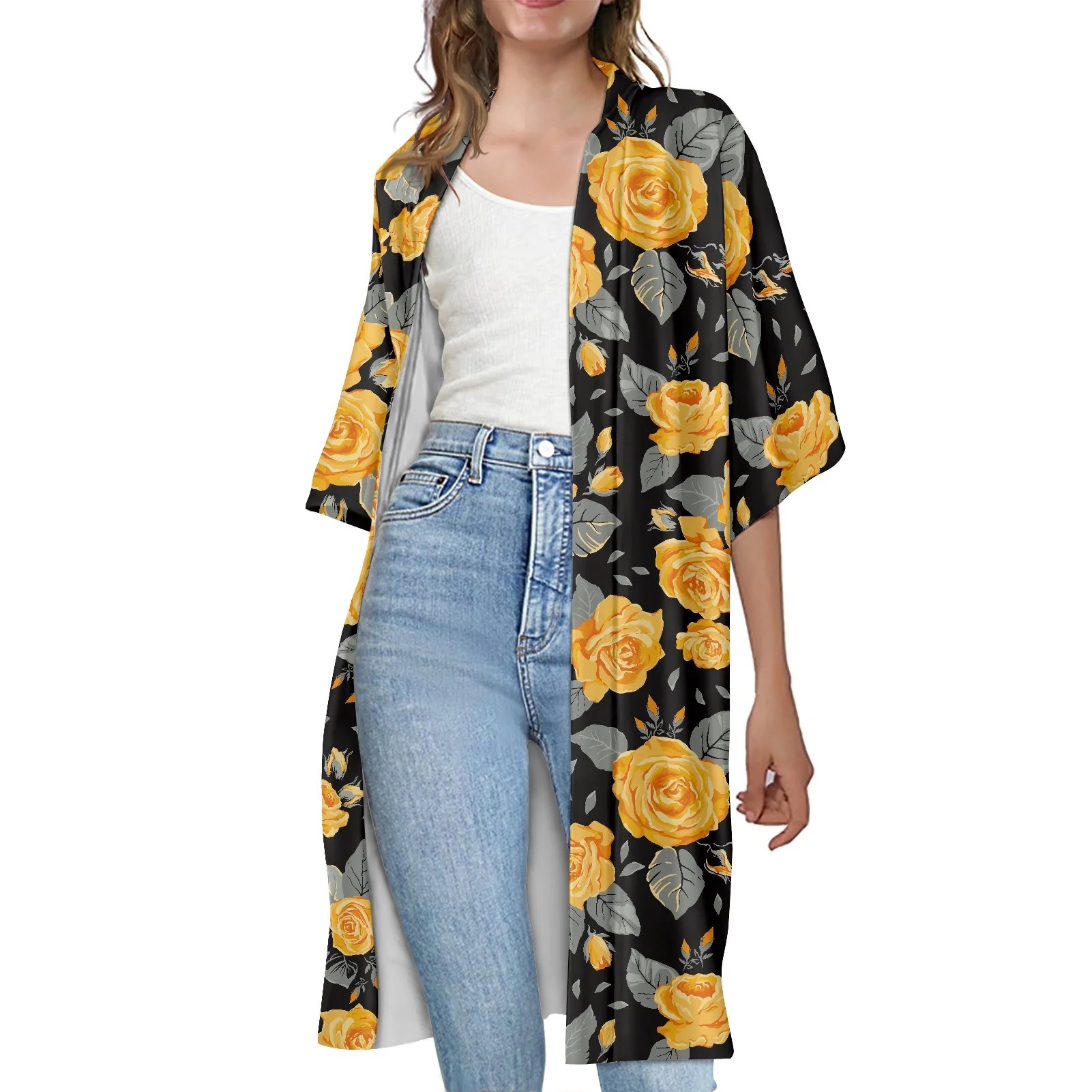 Cottagecore Art Rose Floral Pattern 3/4 Bell Sleeve Classic Plus Size Lightweight Open Front Long Cardigan for Women Coat HOT