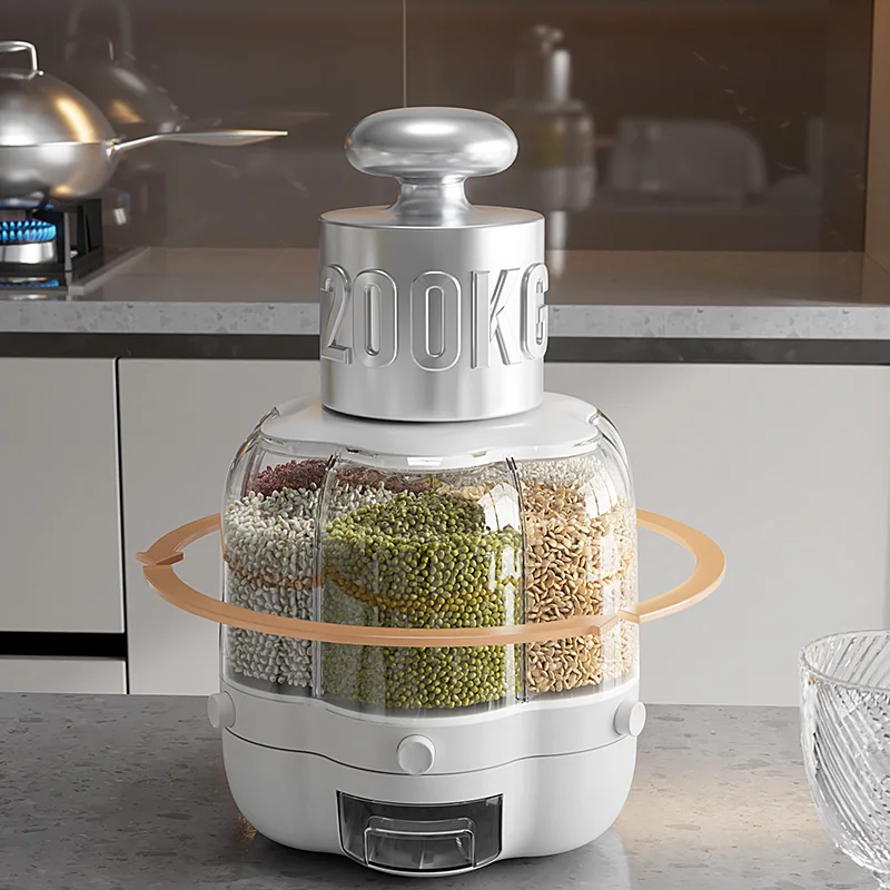 Hot Sale Moisture-proof Cereal Dry Food Rice Storage Container 180° Rotatable Grain Dispensers with 6 Grids Rice Bucket for Home