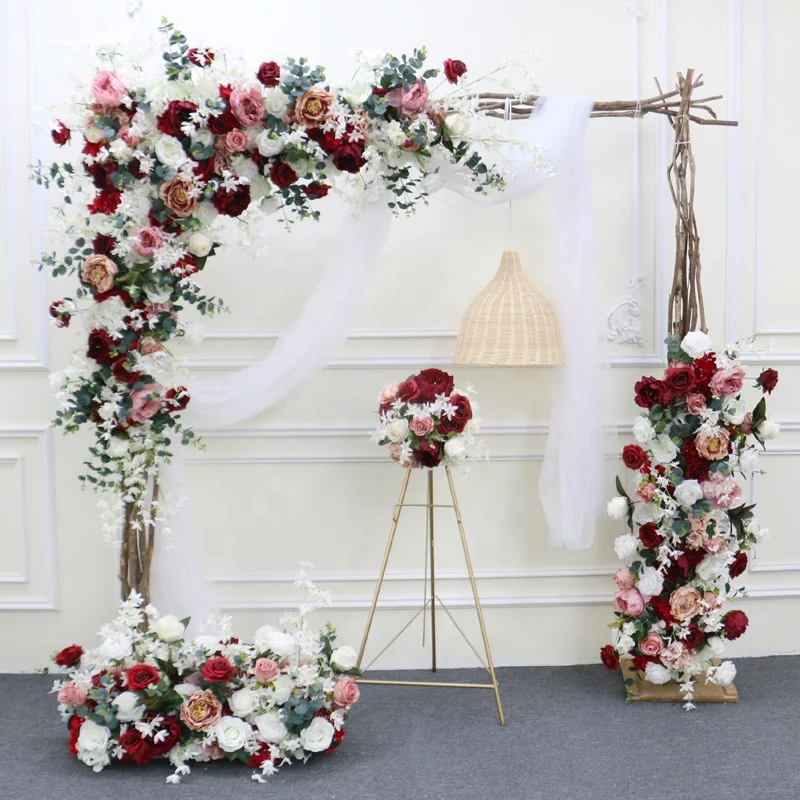 Wedding Arch Decor Hang Corner Flower Colorful Rose Eucalyptus Artificial Flower Row Party Stage Backdrop Flowers