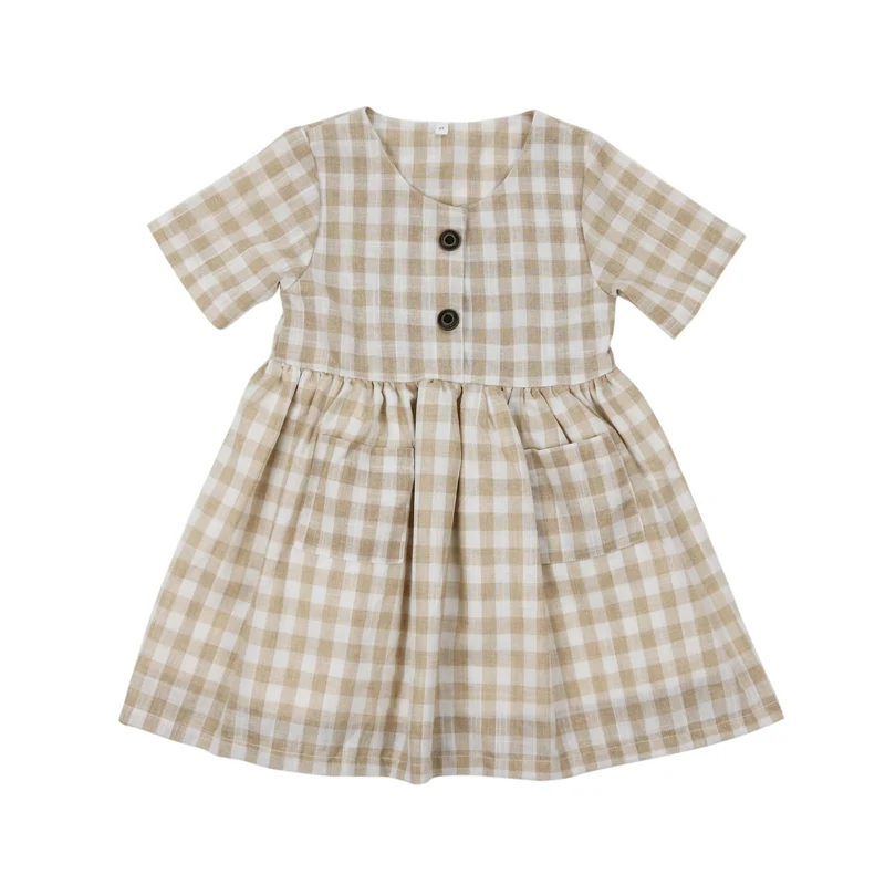 Boutique Kids  Clothing Short Sleeve Plaid Children Frocks Design O-collar Simple Little Girls Dress