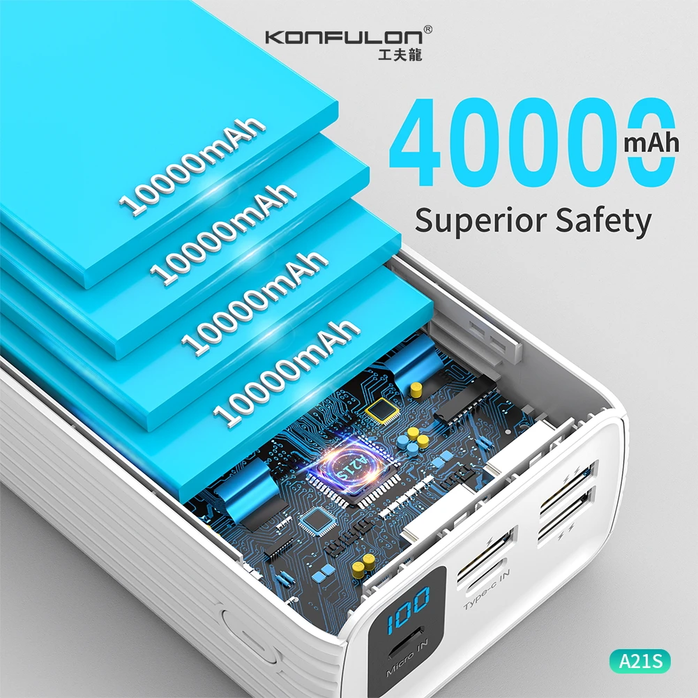 Блок питания Konfulon 2021 быстрая зарядка на 40000 мАч 3 выхода USB ЖК-дисплей внешний аккумулятор высокой