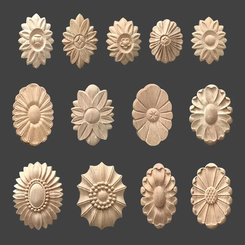 Wooden rosette wood ornaments applique onlays Decorative wood carved appliques circular onlays unfinished for furniture