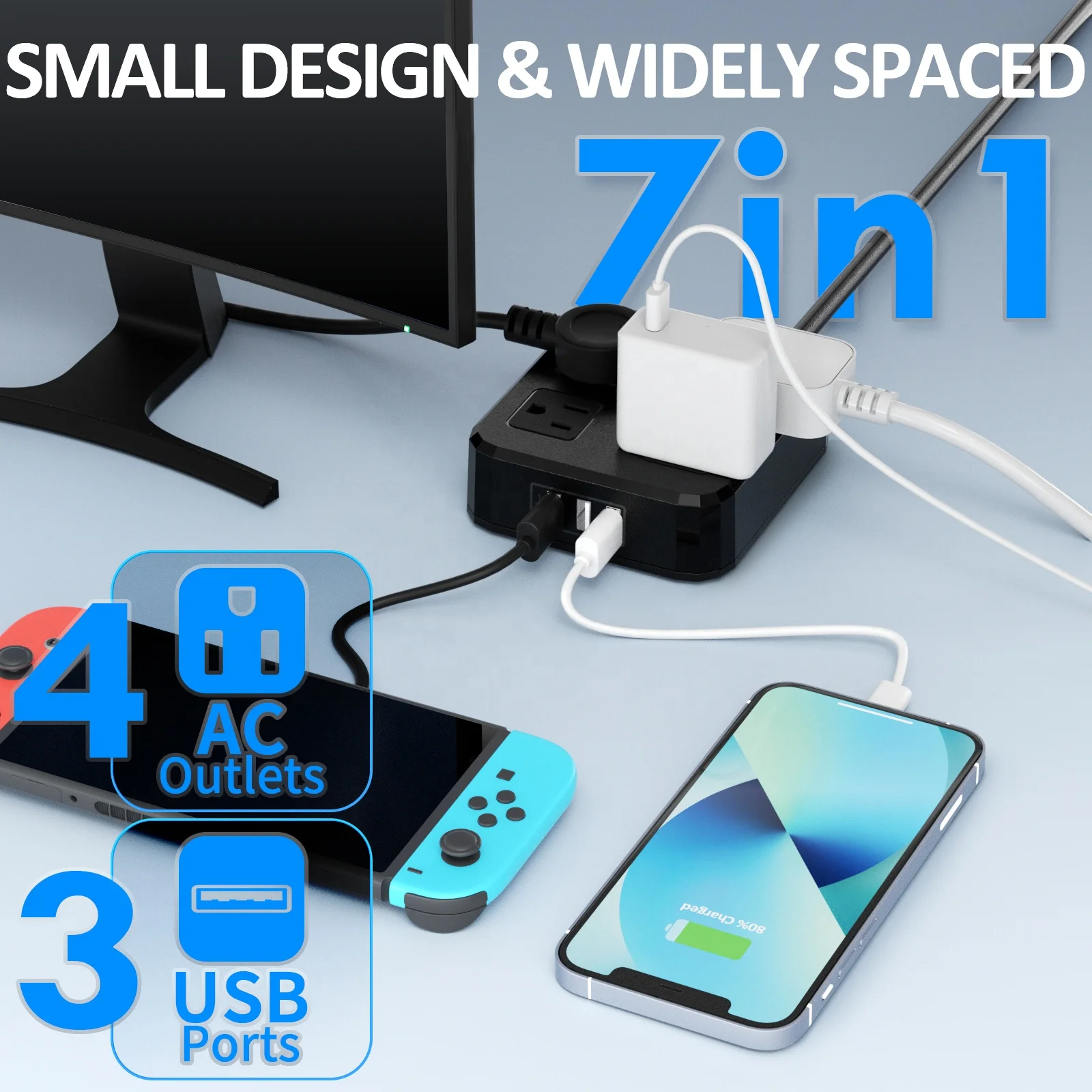 Outdoor Waterproof Power Strip 4 Wide Pitch Outlets IPX6 Waterproof Suitable for Home Office