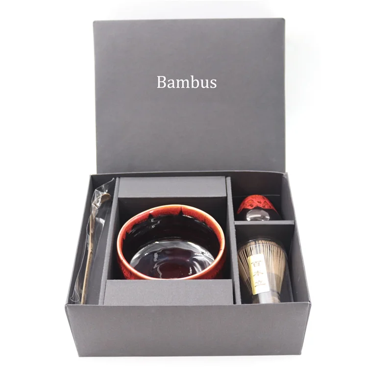 Bambus matcha Making Matte Black Gift Kit 5 Pieces Spoon Hand Held Whisk Set holder matcha bowls With customized Packaging