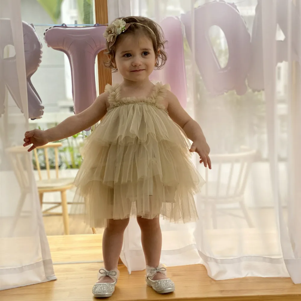 New design summer 1-3-year-old baby girl solid color lace skirt sweet girls sleeveless sling mesh princess party tutu dress
