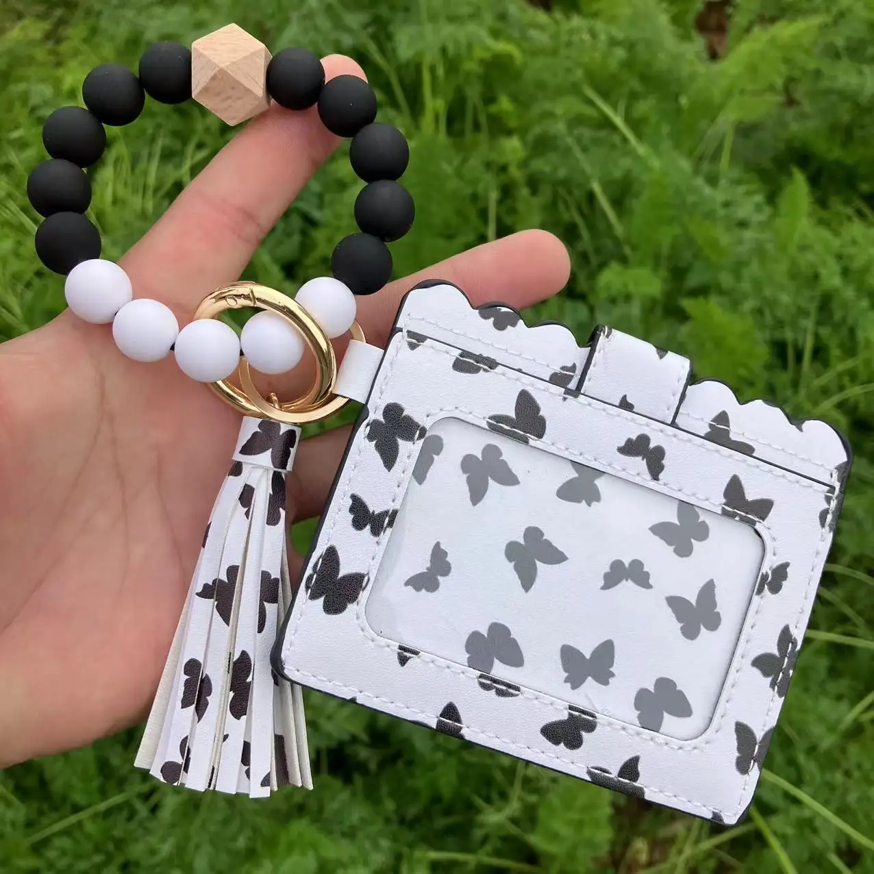 Hot Sale Western Style Card Holder Bag Leopard Wallet Wristlet Bangle Silicone Beads Bracelet Wallet Keychain