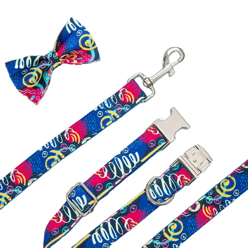 deep blue pink cotton print dog leash for walking hiking personalized pet collar bowtie set