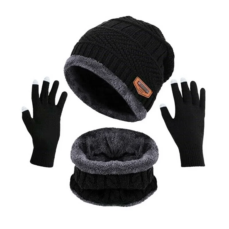 Winter warm plush thick hat scarf glove solid color three piece set