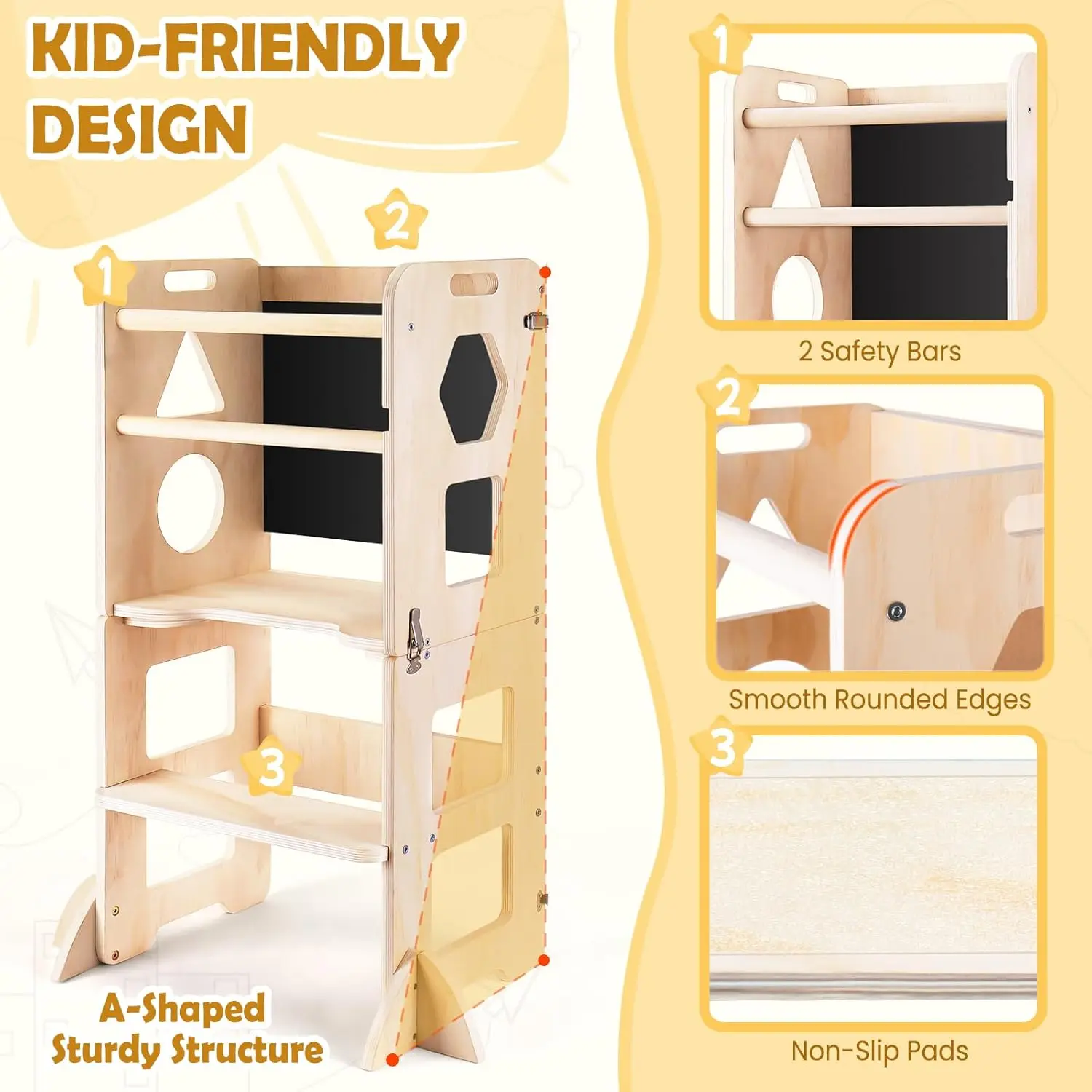 Learning Tower for Toddlers Foldable Kitchen Step Helper Stool with Adjustable Height & Safety Rail for Kids Kitchen helper