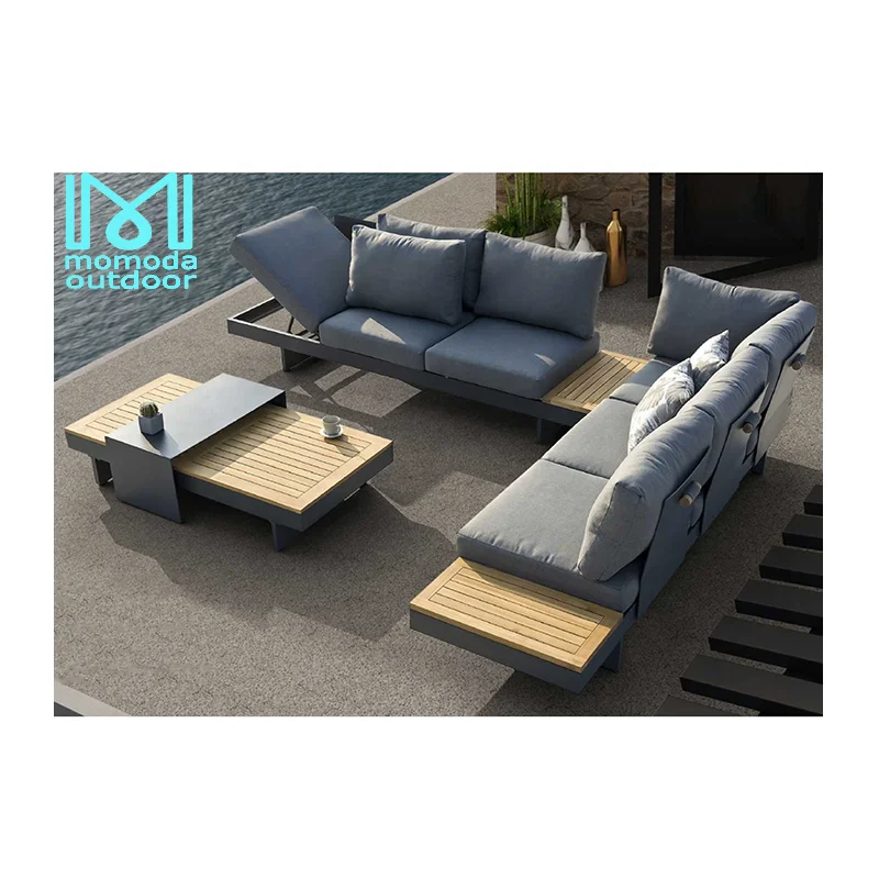 all weather European modern living room outdoor furniture grey fabric sectional corner modular garden patio sofas set