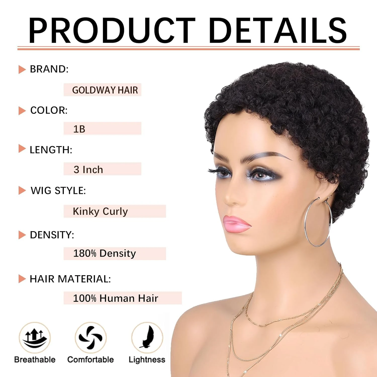 Afro Kinky Curly Human Hair Short Wigs for Women, Full Machine Made Wig Human Hair Pixie Cut Glueless Hair Wig Black Color