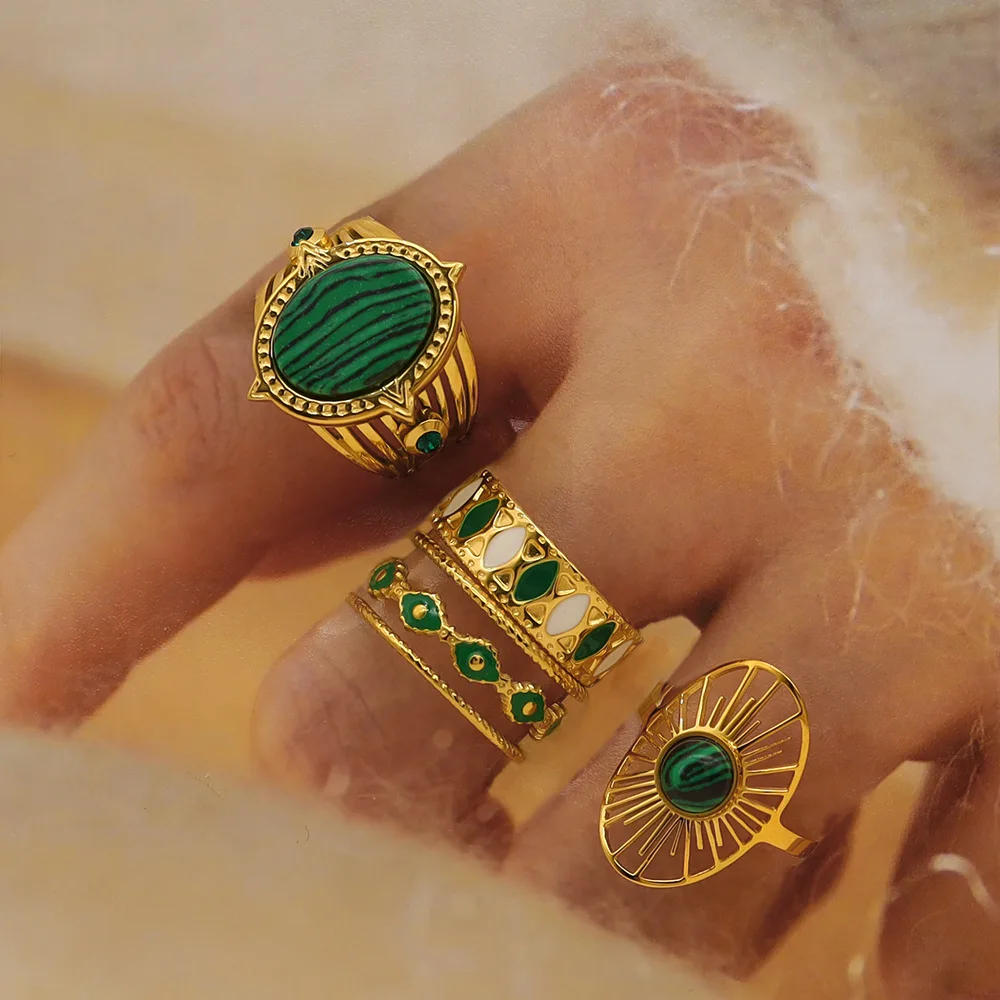 French New 18K Real Gold Stainless Steel Ring Inlaid with Peacock Stone Green Series Ring Foreign Trade Jewelry Wholesale