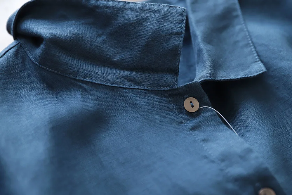 Factory Direct Sale Japanese Literary Pure Linen Lapel Dress Shirt Long Skirt