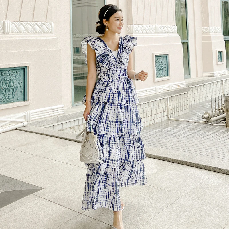 Summer Dress New Temperament Lotus Leaf Heavy Industry Tie-Dye Bronzing Waist Cake Skirt Fashion Dress