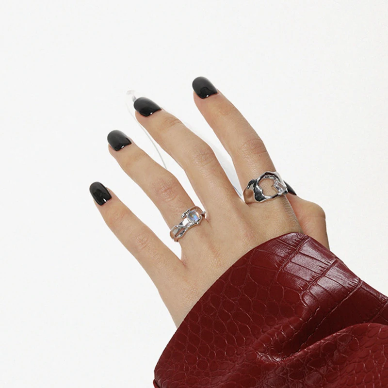 WuQie Black Onyx Rings and Synthetic Moonstone Open Ring 925 Sterling Silver Gemstone Ring