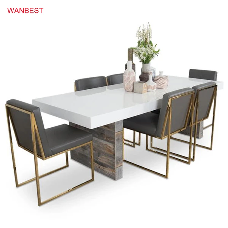 White Corian Solid Surface Stone Top and Wooden Base Modern Dinning Table