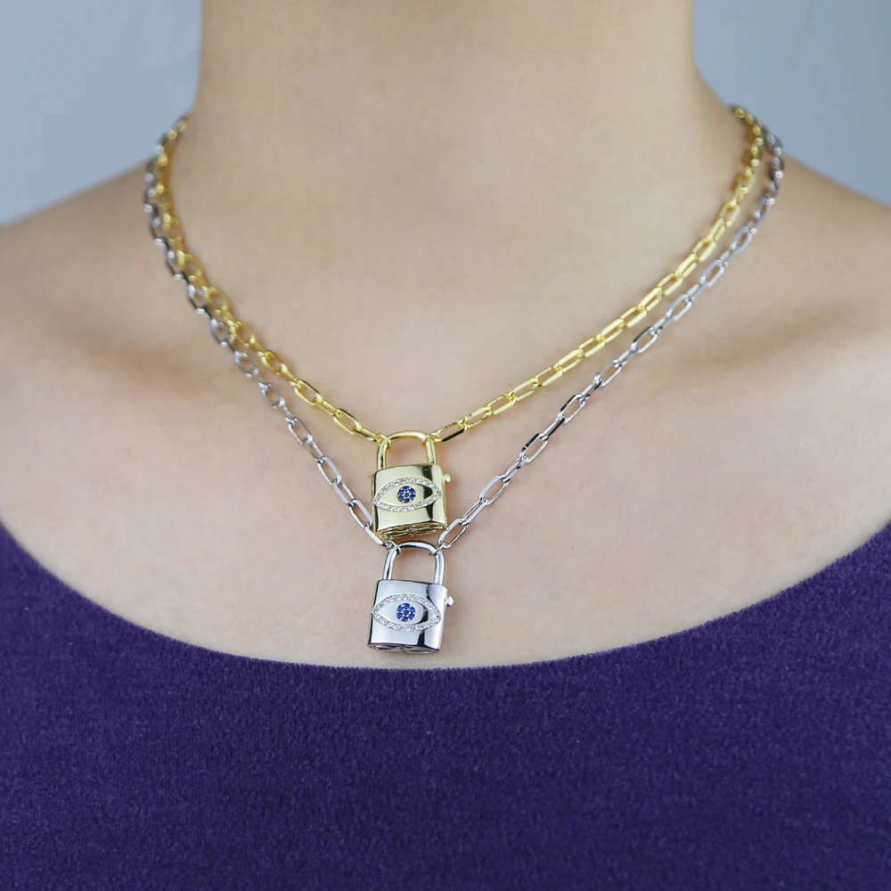 Fashion Silver Gold Plated Evil Eyes Signet Concentric Lock Pendant Paperclip Link Chain Necklace For Women