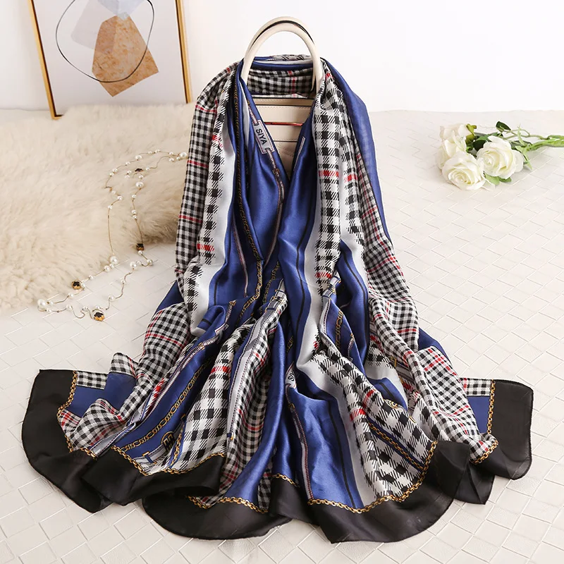 New Style Elegant 180*90cm Silk Women Scarf Print Checked Holiday Ladies Scarf
