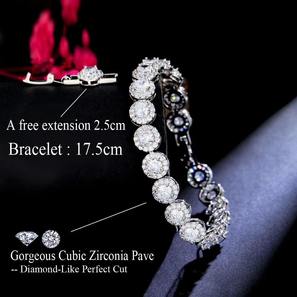 Glittering Round Iced Out Cubic Zircon Pave Silver Color Women Wedding Bridal Engagement CZ Tennis Bracelet for Brides Jewelry
