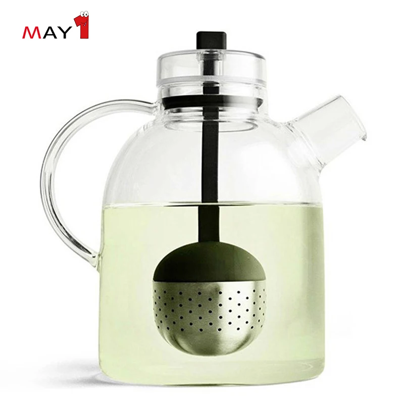 
Customized Logo Handblown Pull Up Basket Strainer borosilicate Glass Tea Pot 