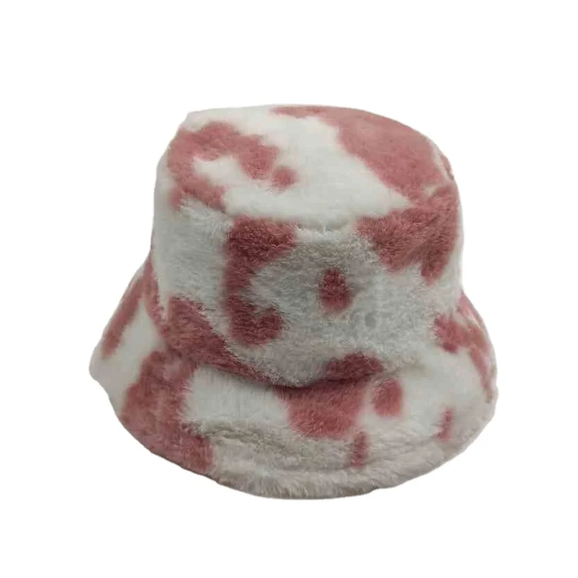 Winter Quality Girl Custom hat  fuzzy fluffy furry cow print fur bucket hats for Women