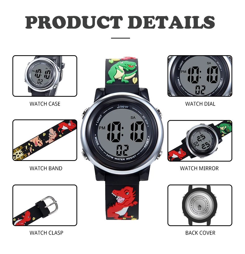 JNEW factory direct sales little dinosaur 3D cartoon digital watch 7 color LED children watch