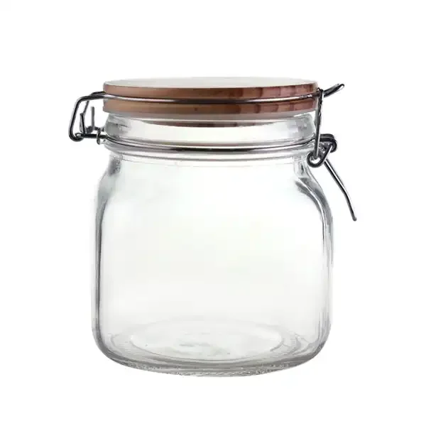 hot sales storage glass food jar Airtight round shaped glass candy jar and bottle with wooden cover with silicon rub
