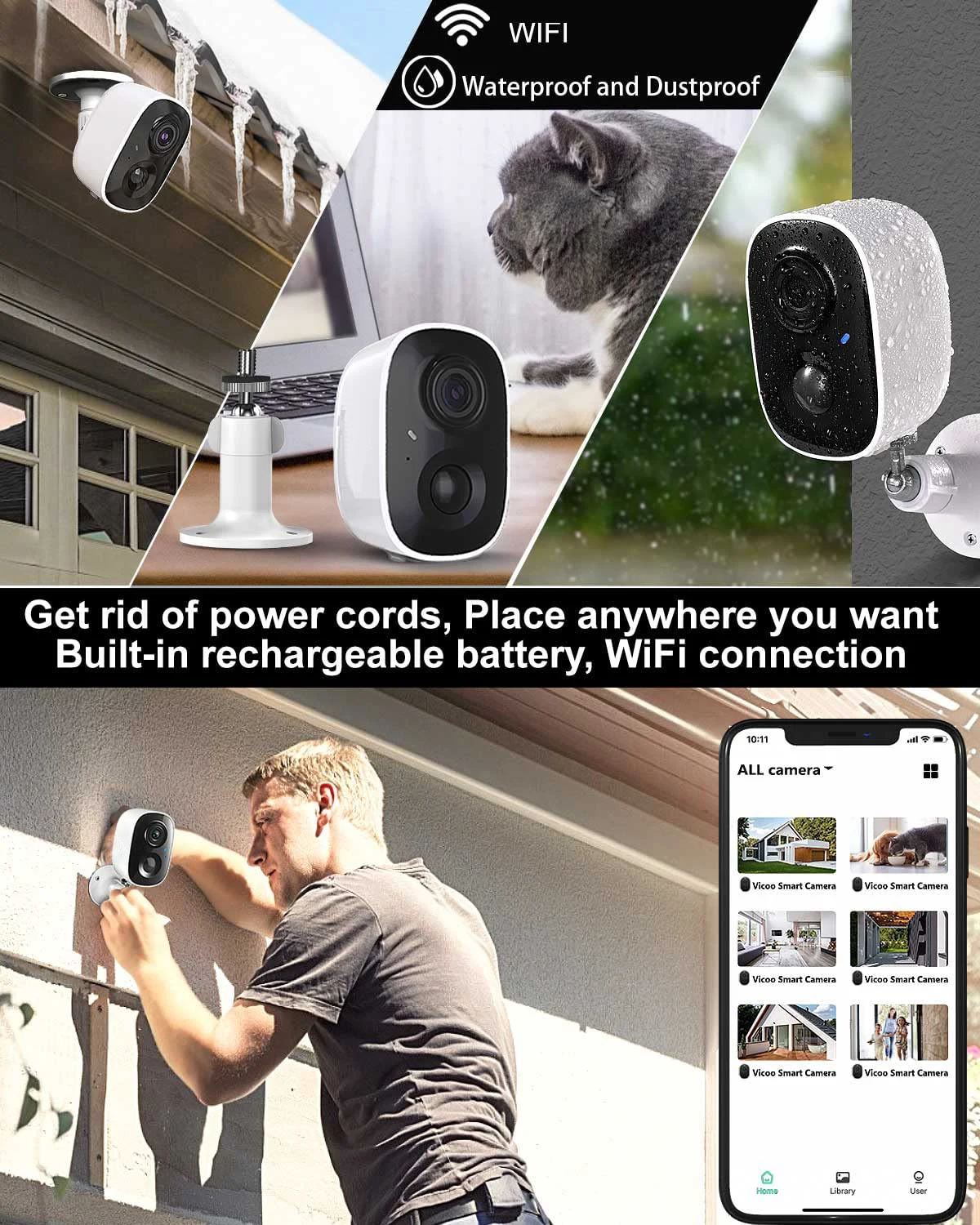 Security Camera Outdoor, Wireless Rechargeable Battery Powered 1080P HD WiFi IP Home Surveillance Cameras, Indoor Smart Cam SD