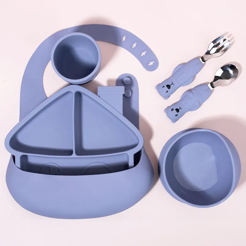 Silicone Feeding Set Bib Baby Silicone Tableware Set Children Bib Bowl Dinner Plate Spoon Fork Water Cup Kids Dinnerware