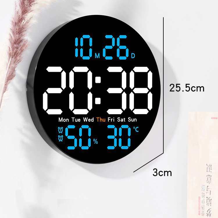 10 Inch Round Large Mute Digital LED Wall Clock Date Temperature Humidity Display Electronic Desk Table Clock Living Room Decor