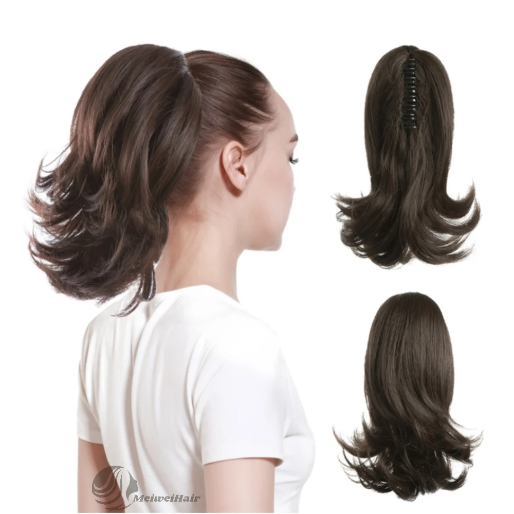 Meiwei 2021 Jaw claw clip woman high hair ponytail natural color pre plucked water curl short ponytails extension