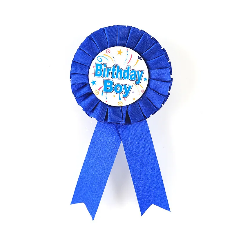 Custom High Quality Birthday Ribbon Rosette Boy Girl Pin Badge Kid Birthday Party Favor Metal Tin Fabric Flower Brooch Pink