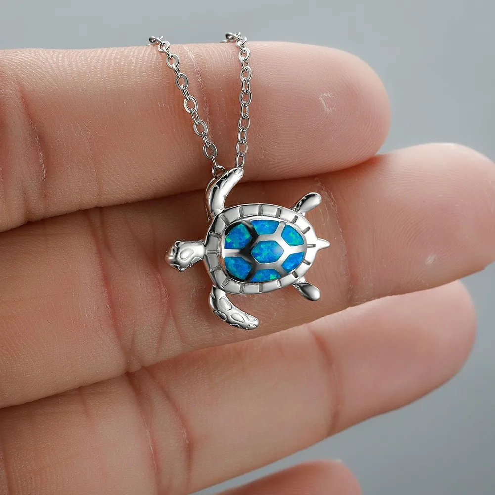 S925 Sterling Silver Statement Sterling Silver The Blue Sea Turtle Opal Pendant Necklace