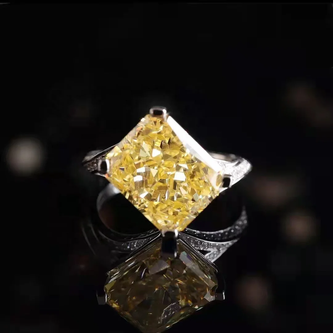 New Trendy Square Cut High Carbon Yellow Topaz Zircon Stone Finger Ring for Women Luxury Silver Color Wedding Engagement Rings