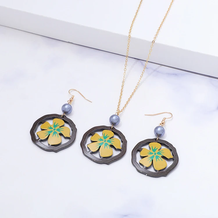 Hawaiian tropical ethnic style suit series fashion color drop flower acrylic earrings necklace for women