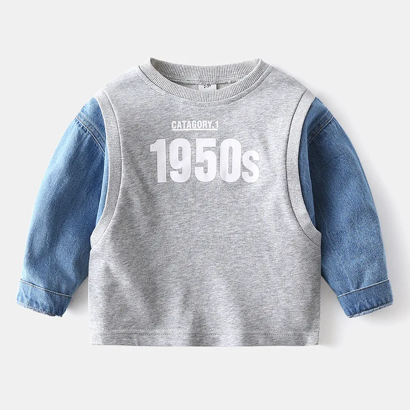 
Popular Denim Sleeve Stitching Letter Logo Wholesale Kids Crew Neck Sweatshirt 