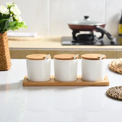 3pcs/set Ceramic Seasoning Jar with Lid and Spoon Porcelain Storage Seasoning Pot Can Kitchen Accessories Amazon Hot Sell