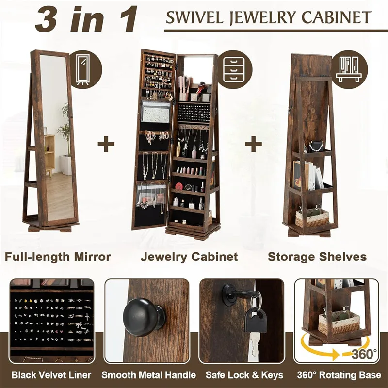Antique Stand Alone Rotating Jewelry Storage Armoire Cabinet Organizer With Full Length Mirror 360 Swivel