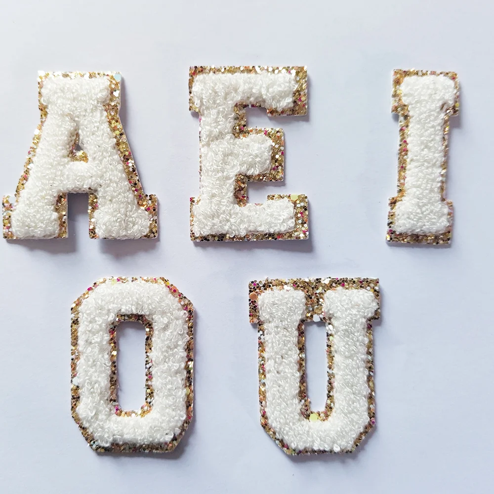 Stock Multi Colorful Cute Embroidered Sticky Clothing iron patches Smiley Face Rainbow Letters Heart Adhesive Chenille alphabet