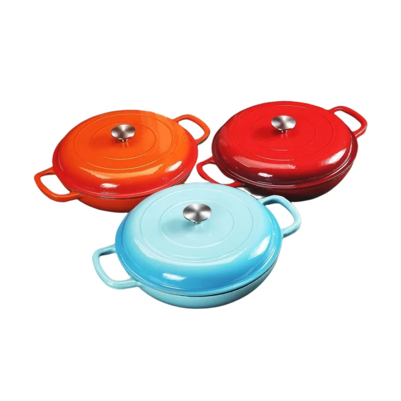 Cast Iron Dutch Oven Pot with Lid - 3.8 Qt Shallow Braising Pan with Handles for Stews - Enameled Casserole Dish