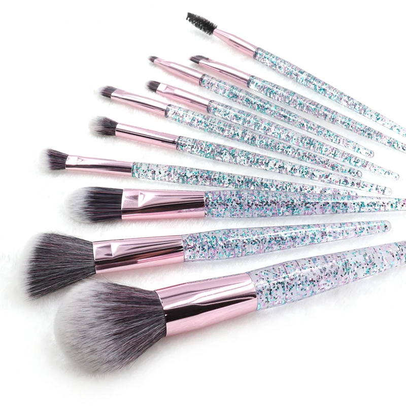 Low moq professional 10pcs wholesale vegan makeup brush transparent crystal handle private label brush makeup set