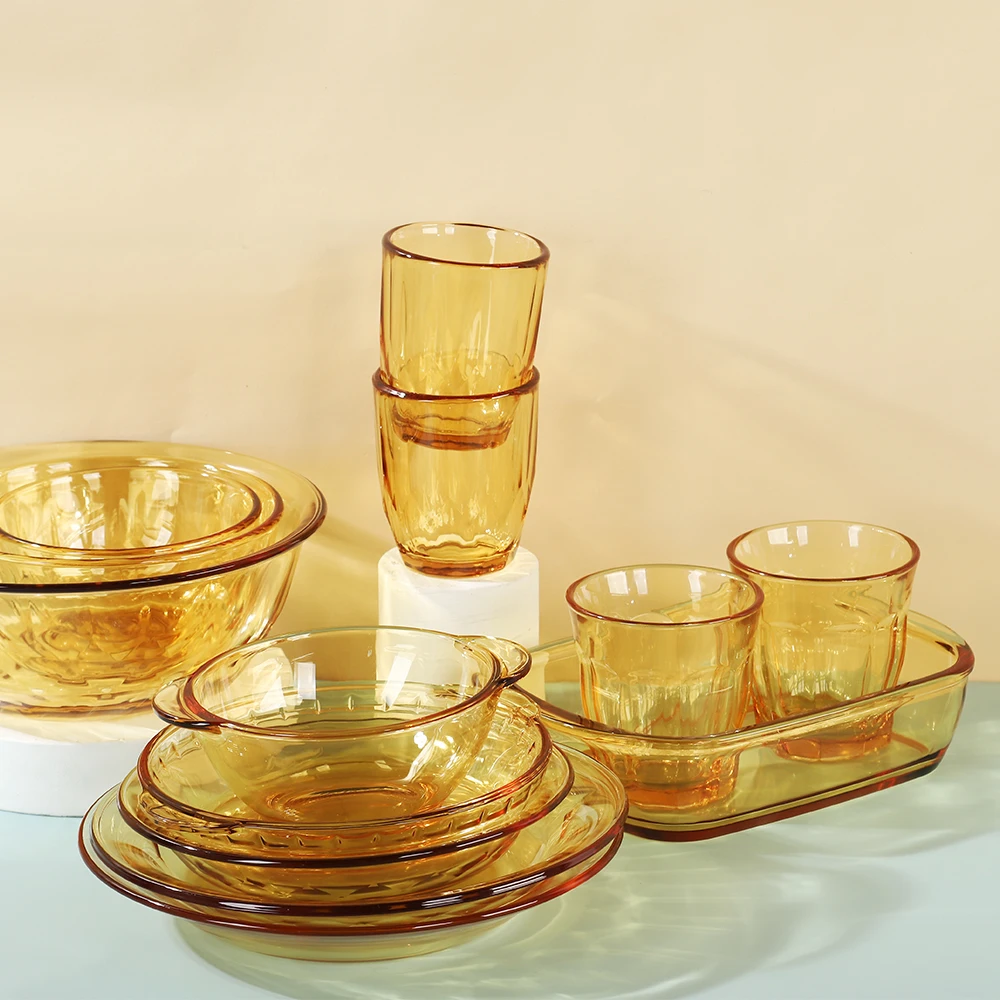 Tableware/Kitchen/Glassware  Microwave Use Household Amber Transparent Glass Bowl Set 450ml 1050ml 2000ml Fruit Salad Bowl