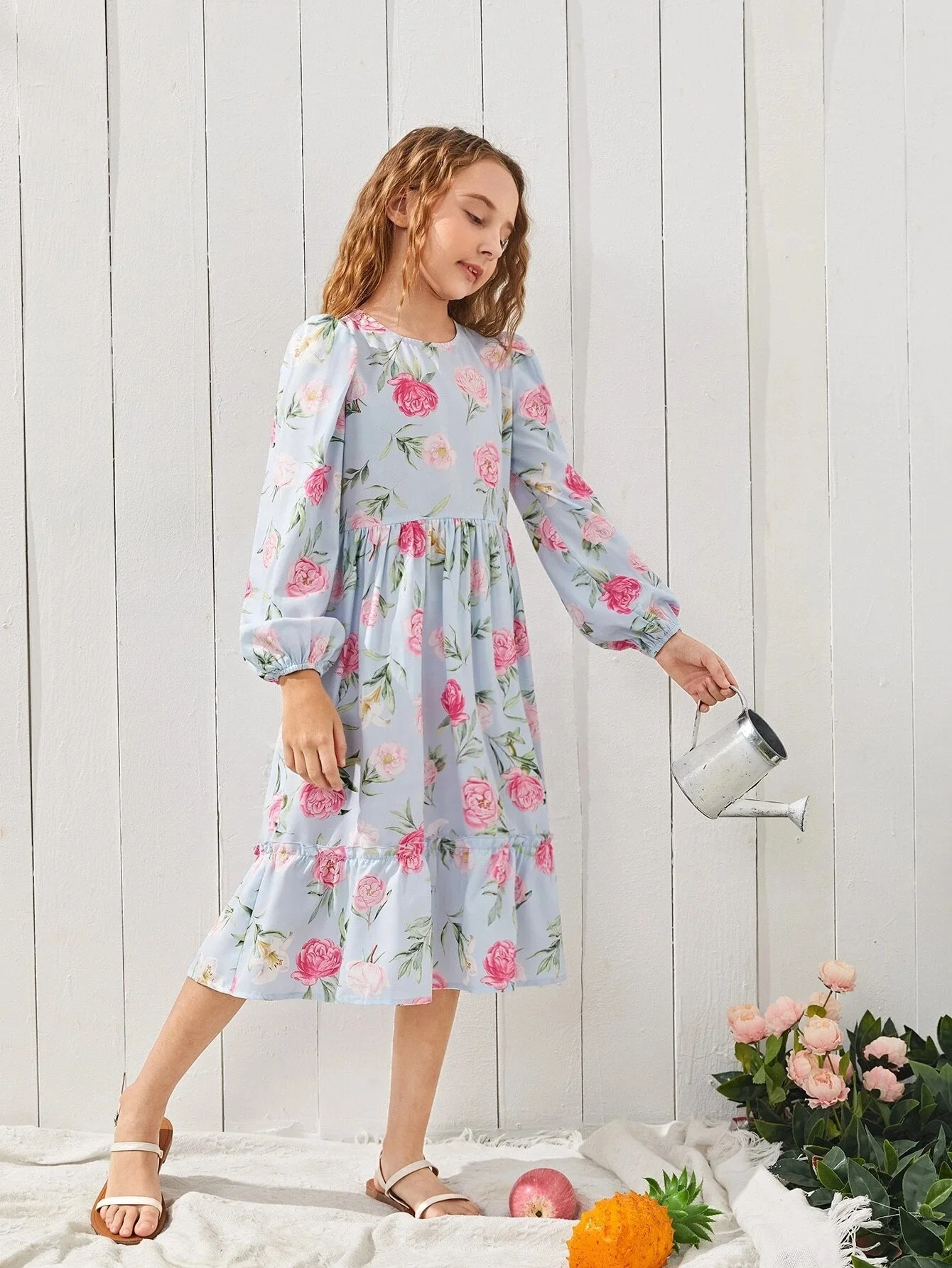 KY Floral Print Lantern Sleeve Ruffle Hem dress mother and daughter matching dresses for girls