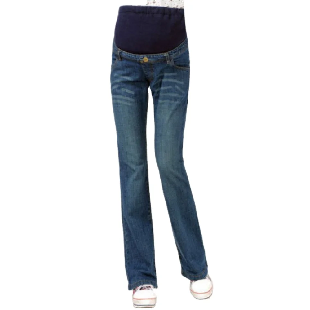 OEM elegant casual wear pregnant women clothes plus size solid color cotton elastic belly support flare maternity jeans