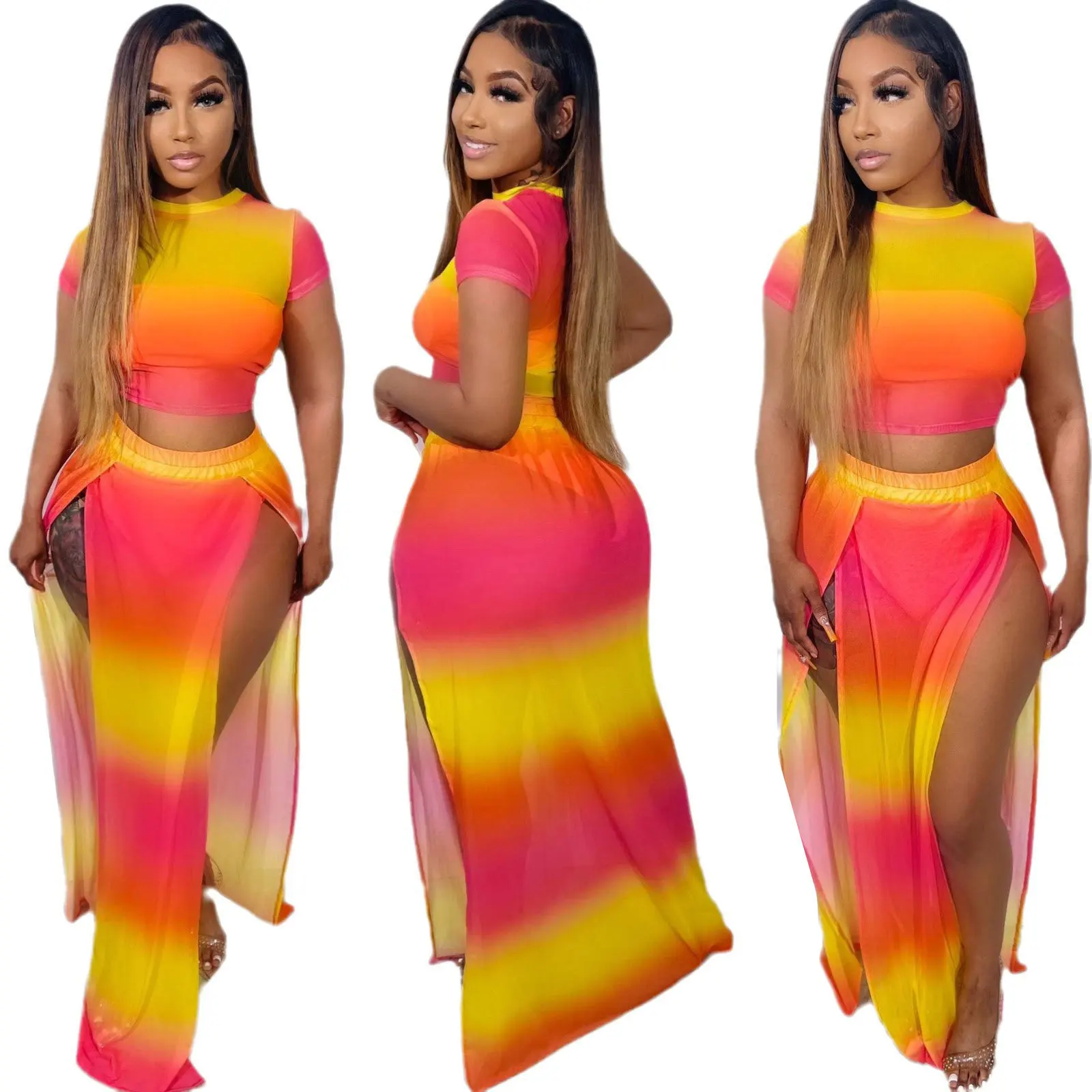 Designer Boutique Streetwear Vintage Sexy Casual Summer Beach Vacation Gradient Color Bodycon High Split Full Length Skirt Set