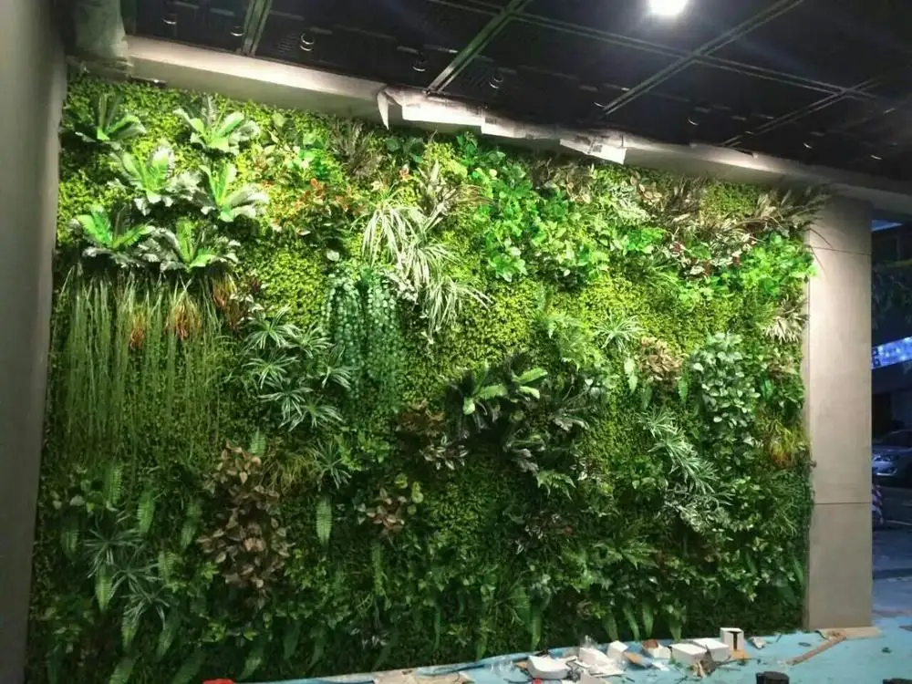 UV Plastic Grass and Leaves Plant Artificial Vertical Green Hedge Wall for Outdoor Boxwood Mat Decoration