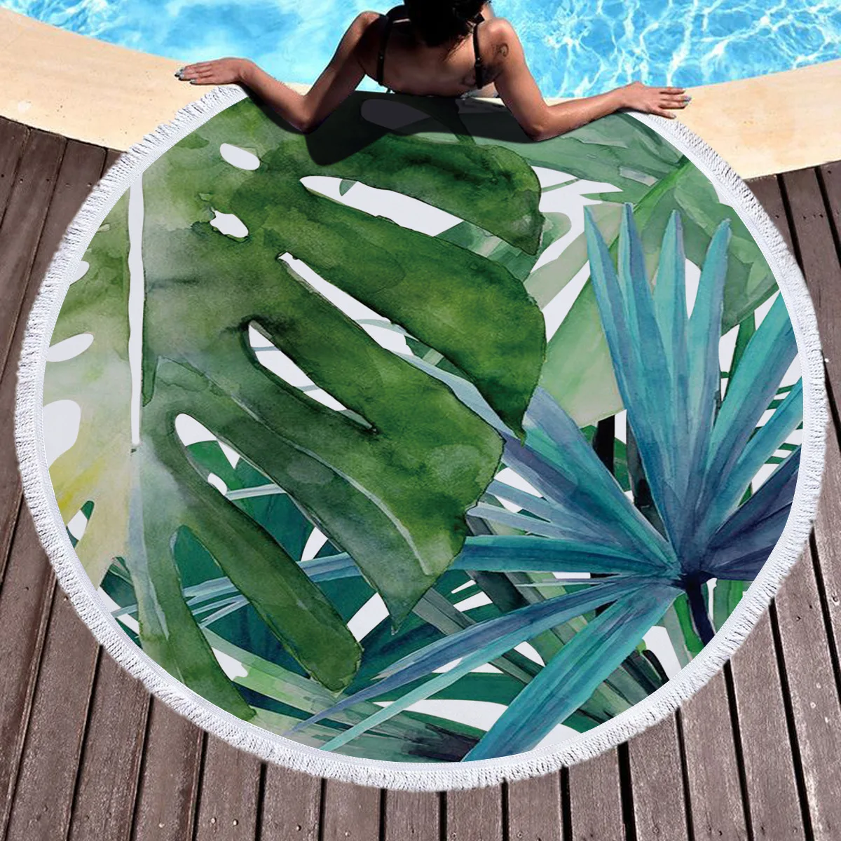 
Round Beach Towel Oversized Blanket Palm Leaves Fruit Print Microfiber Large Round Yoga Picnic Mat Super Water Absorbent Towel 