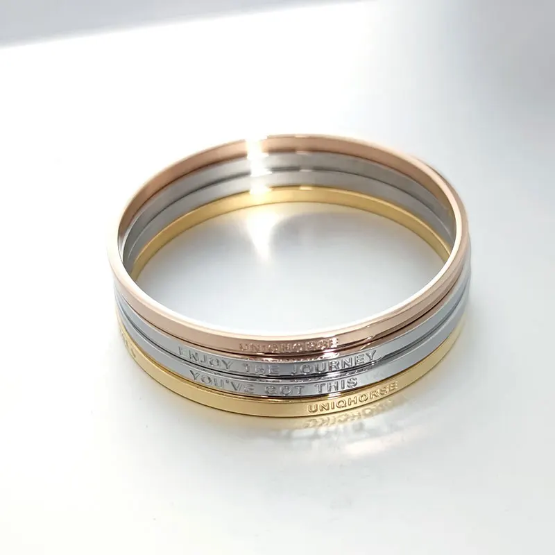 Custom Logo Stacking Full Circle Round Inspirational Engraved Women Stainless Steel Bangle Bracelet