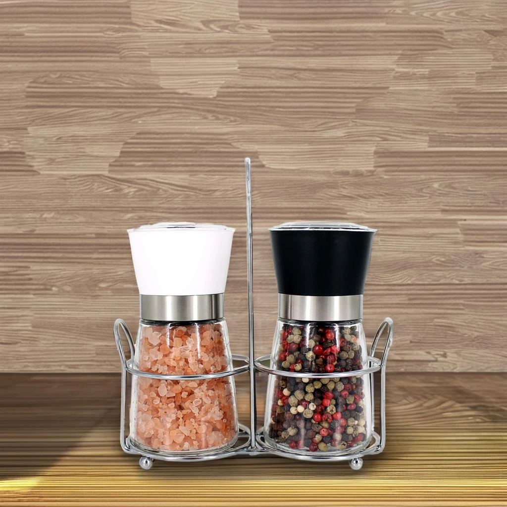 Home Use Manual Salt and Pepper Mill Grinder Set Glass Bottle with Ceramic Core round Pattern Plastic Pepper Grinders