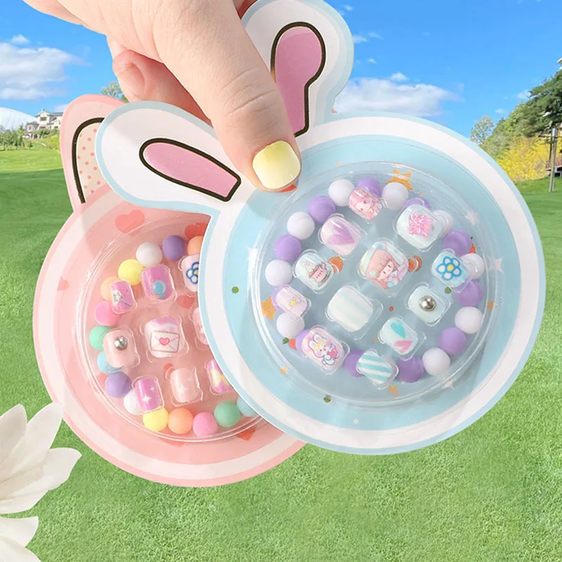 Cute Design Children Artificial Nail Tips Girl Cartoon Detachable With Bracelet Manicure Kids Press-on Nails with  Base Glue